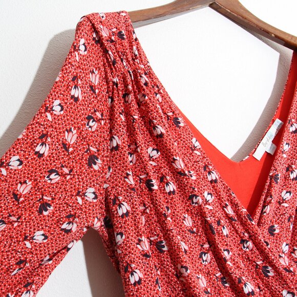 Boden Georgia Floral Midi Dress Jersey Faux Wrap Ruched Red Surplice V-Neck 8L - Picture 3 of 15